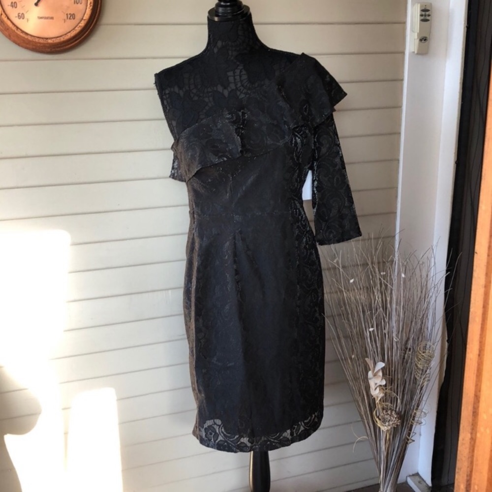 Superfoxx Black Metallic One Shoulder Ruffle Dress